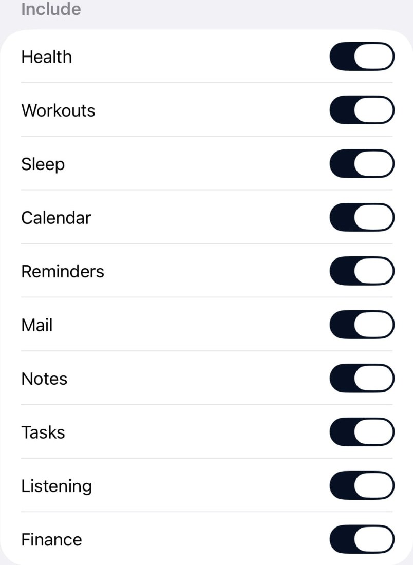 Daily summary settings in Souvéa with switches for health, workouts, sleep, calendar, reminders, mail, notes, tasks, listening and finance.