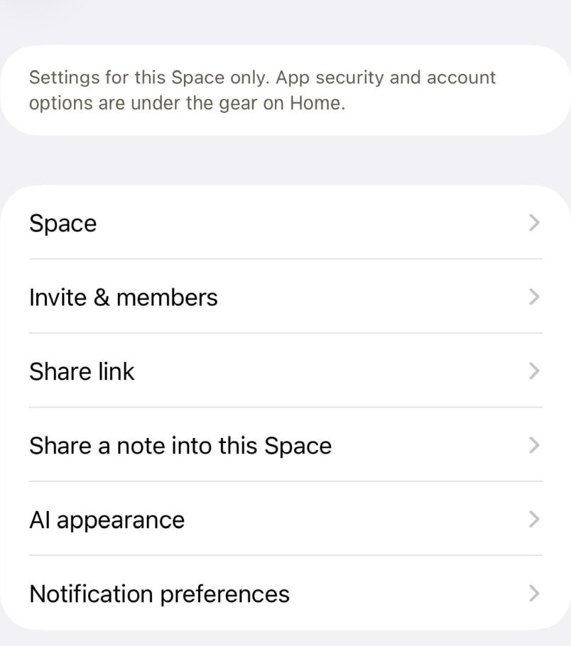 Space settings in Souvéa with options for the Space, invites and members, a share link, sharing a note into the Space, AI appearance and notification preferences.
