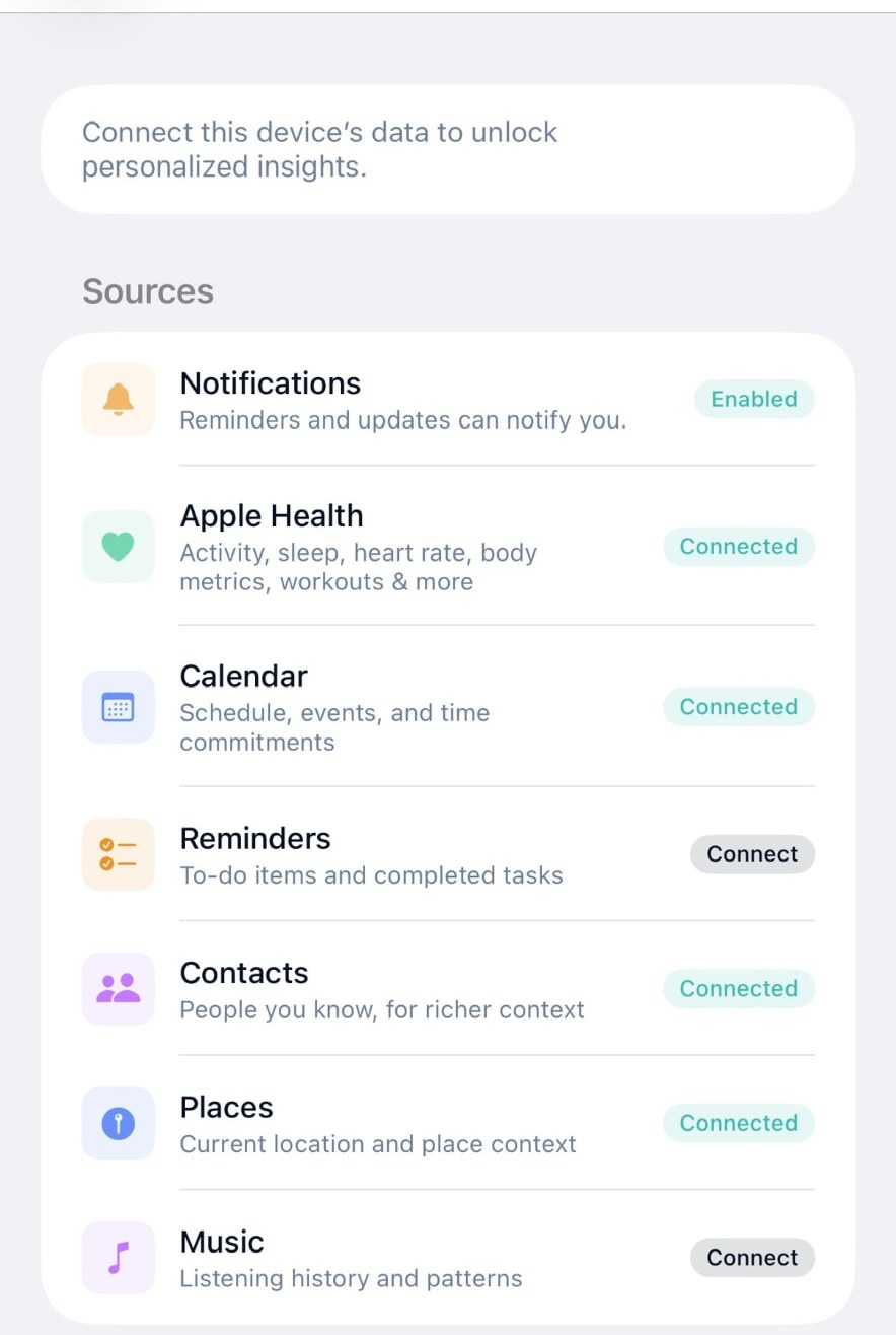 The Device sources screen in Souvéa, listing Notifications, Apple Health, Calendar, Reminders, Contacts, Places and Music, each with a connect or connected control.