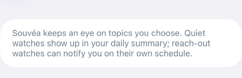 The What Souvéa is watching screen explaining that Souvéa keeps an eye on topics you choose and notifies you on the schedule you set.