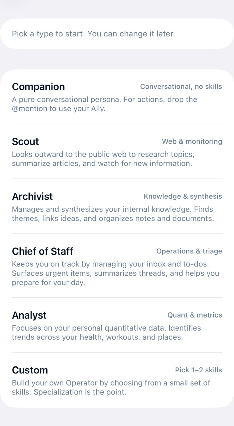 The New agent screen in Souvéa, offering Companion, Scout, Archivist, Chief of Staff, Analyst and Custom agent types with a short description of each.